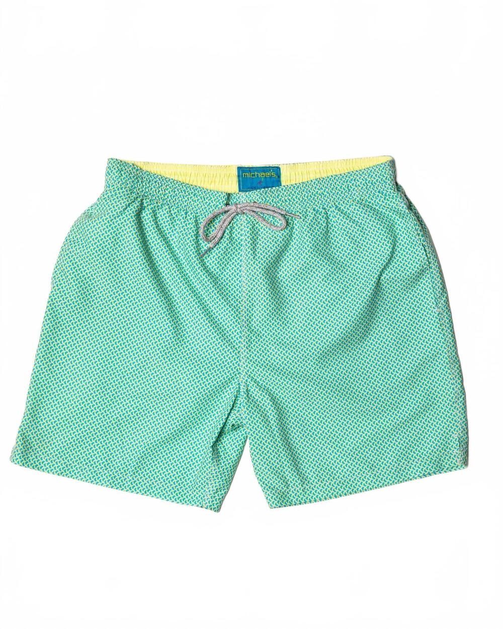 NEW MICHAEL'S SWIMWEAR men's cyclist wave print liner swim trunks in aqua/yellow